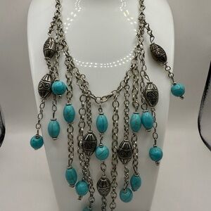 Turquoise Colored Blue & Silver Beaded Waterfall Style Women's Necklace